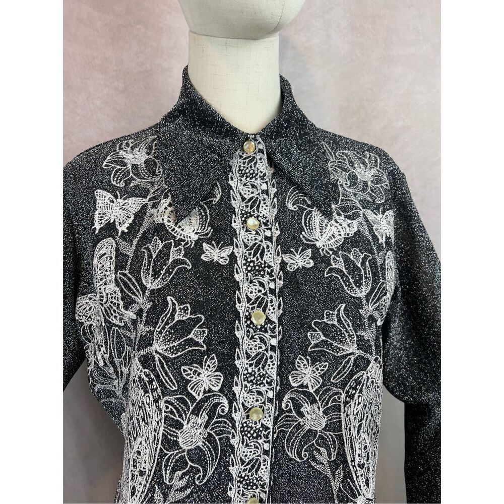Vintage 1970s Dagger Top Butterly Sparkle Mod MCM Disco Size Medium Lurex - Picture 2 of 10